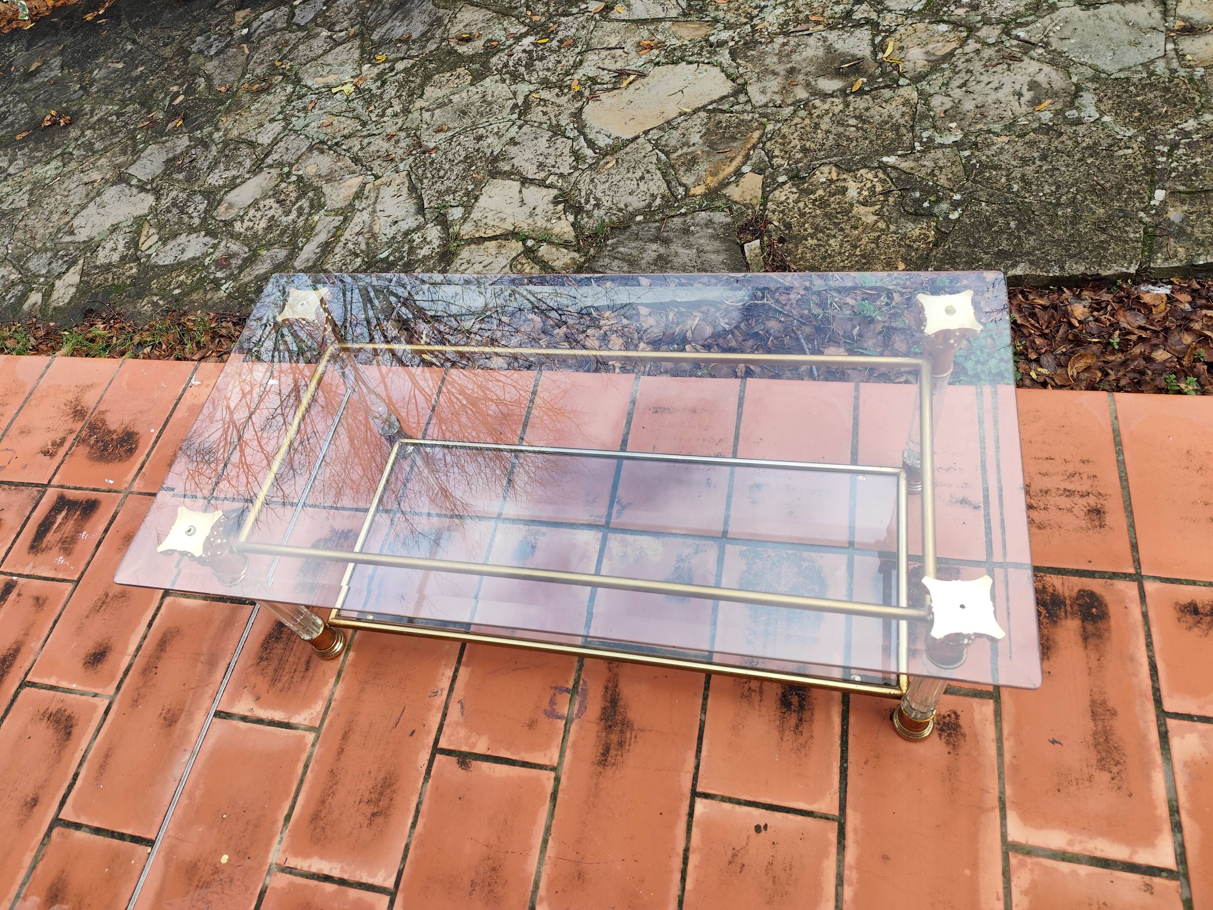 Rectangular coffee table in glass, brass and plexiglass Italy Hollywood Re