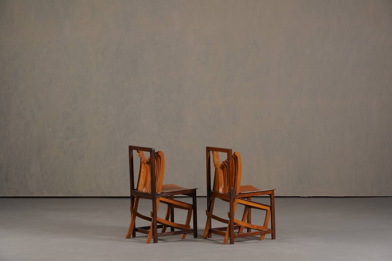Vintage sculptural unique design dining chairs, France 1960s set of 2