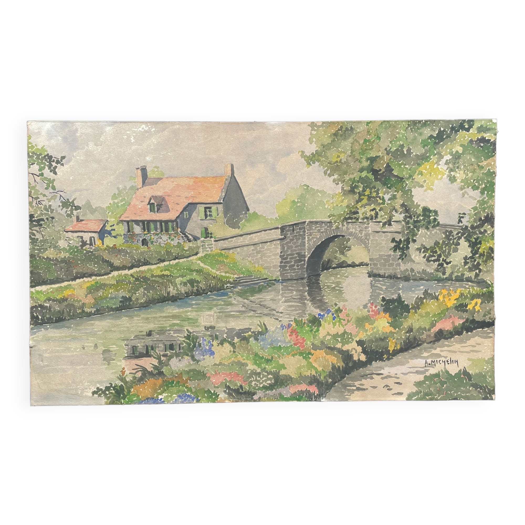 Watercolor on cardboard, house of the stone bridge, (brittany), signed A. Michelin