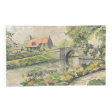 Watercolor on cardboard, house of the stone bridge, (brittany), signed A. Michelin