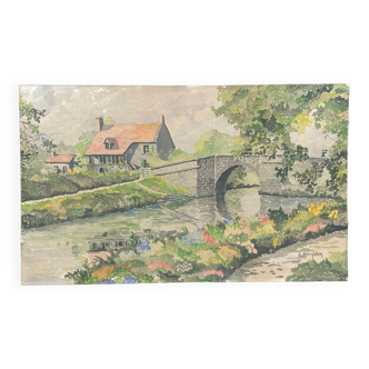 Aquarelle sur carton, maison du pont de pierre, (bretagne), signée A. Michelin