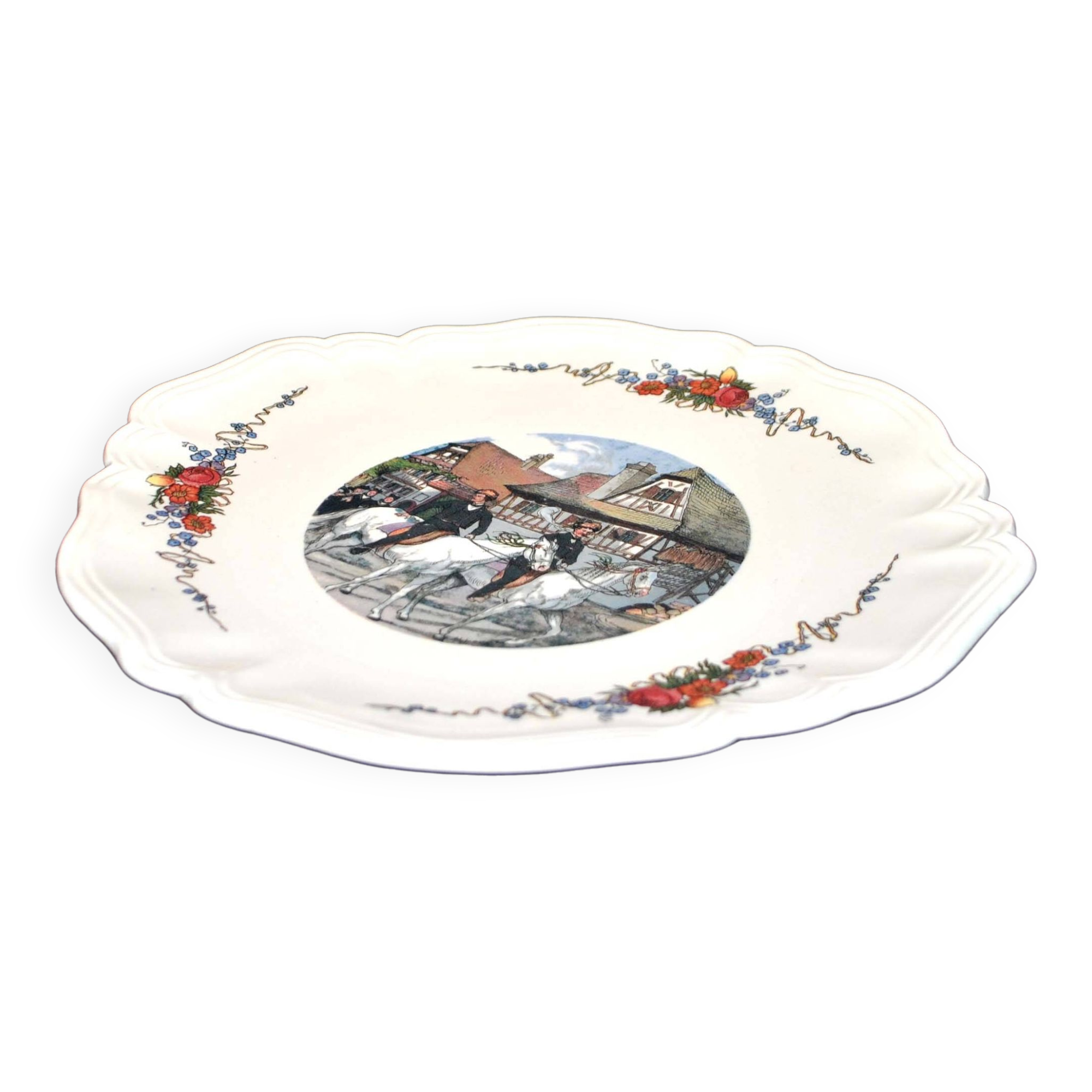 Obernai dish in Sarreguemines earthenware in scalloped lentil shape - Alsace horse rider 30 cm