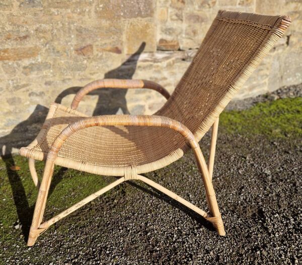 Chaise longue transat en osier rotin annèes 70/80