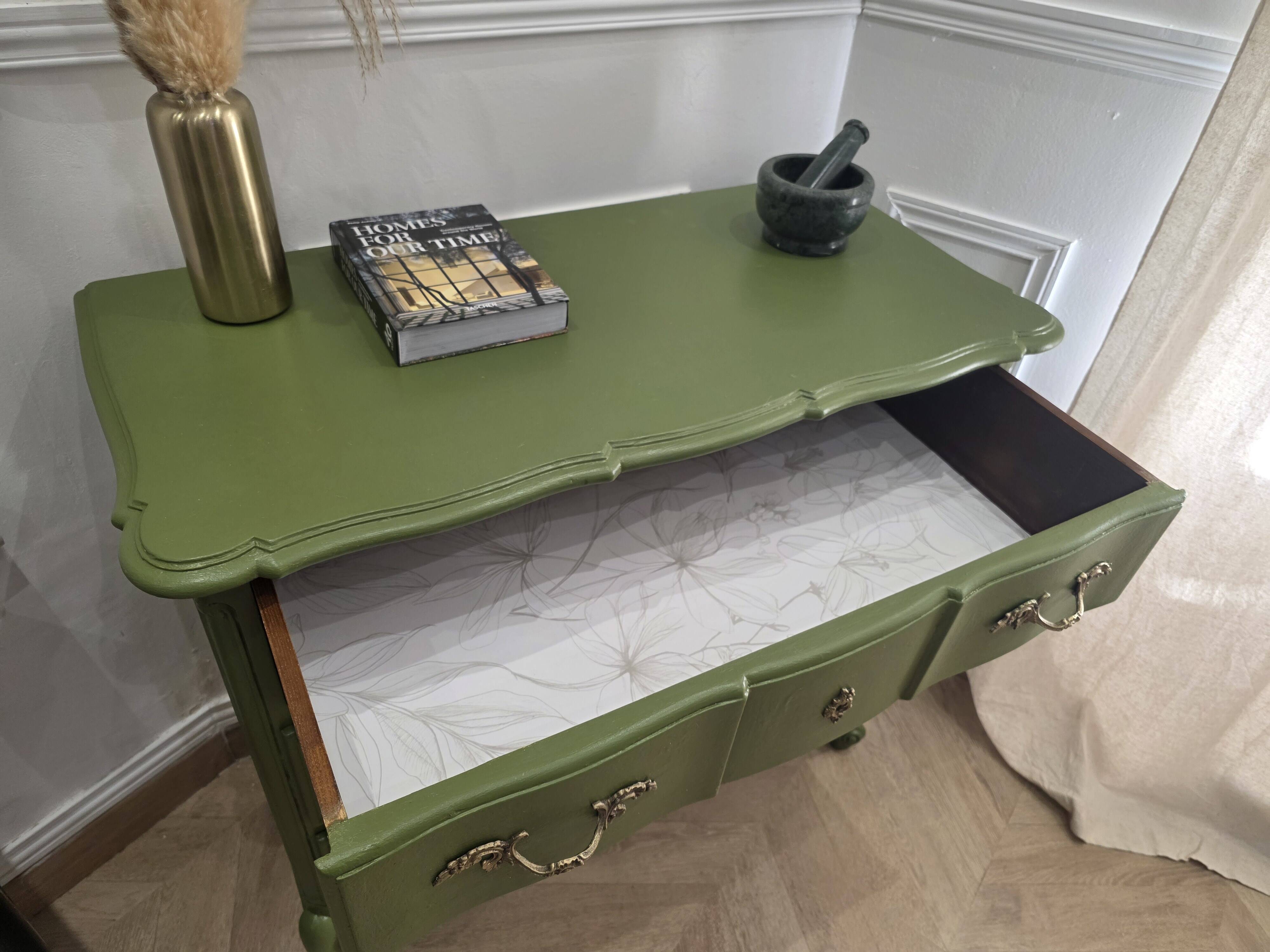 Renovated antique commode – Vintage chic style – Olive green