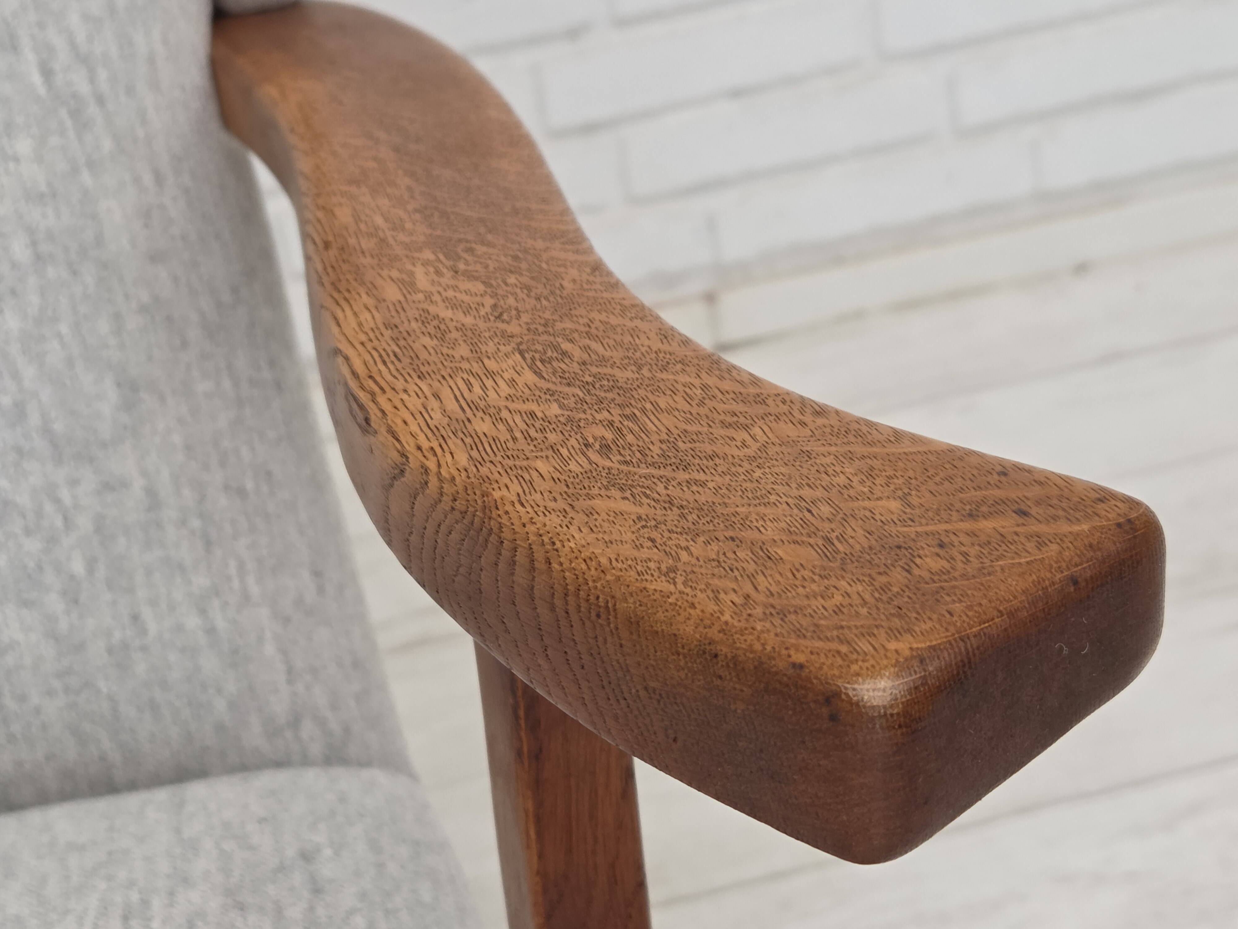 1950s, Danish high-backed armchair, reupholstered, wool, oak wood.