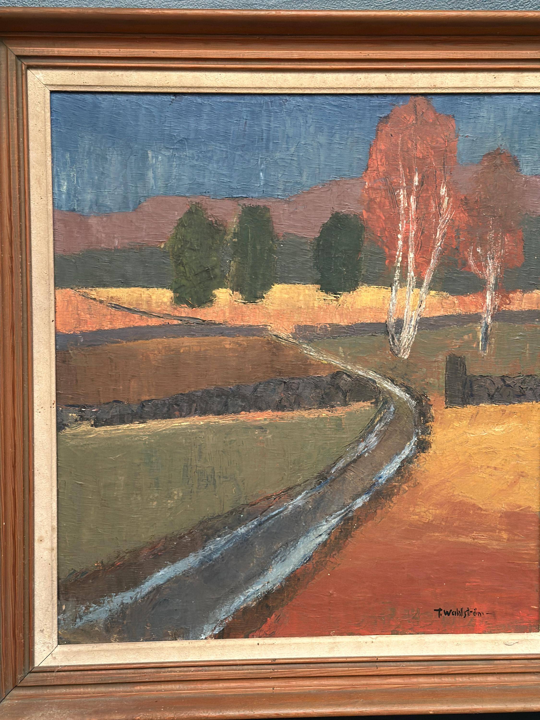 Original Mid Century Swedish Oil On Canvas – “Landscape” By Thure Wahlström – Vintage & Framed