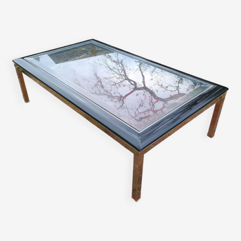 Designer coffee table 1970 brass glass and lacquered wood