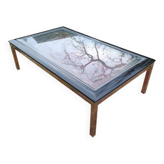 Designer coffee table 1970 brass glass and lacquered wood