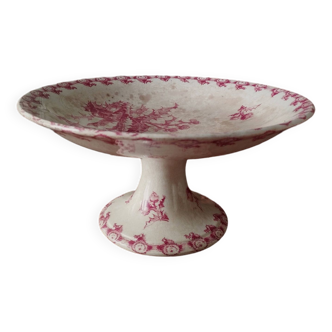 Ancien compotier, plat piédouche en faïence terre de fer de gien modèle « chardons » en rose.