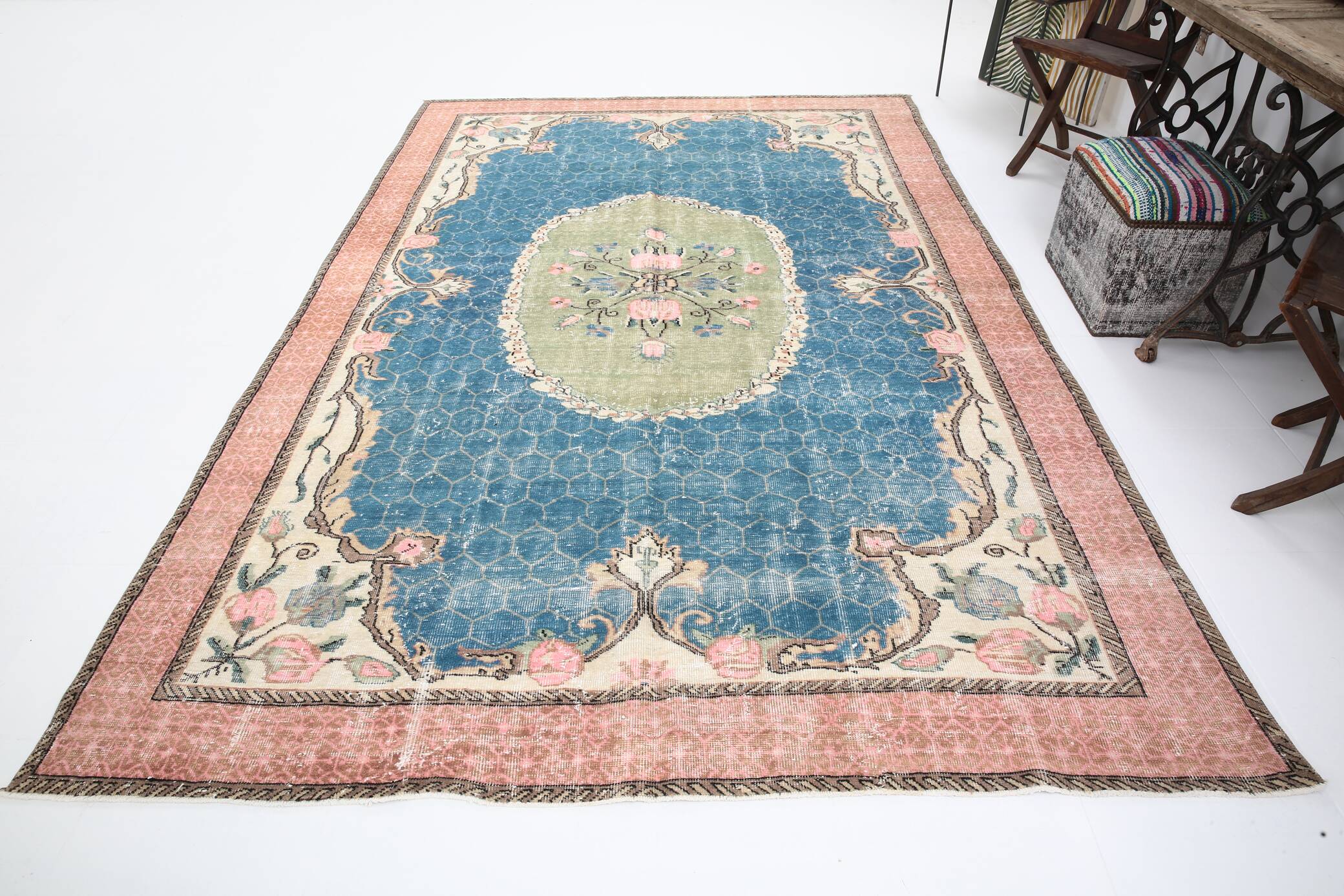 7x10 Blue & Green Handmade Turkish Vintage Rug, 211x320 Cm SK4996