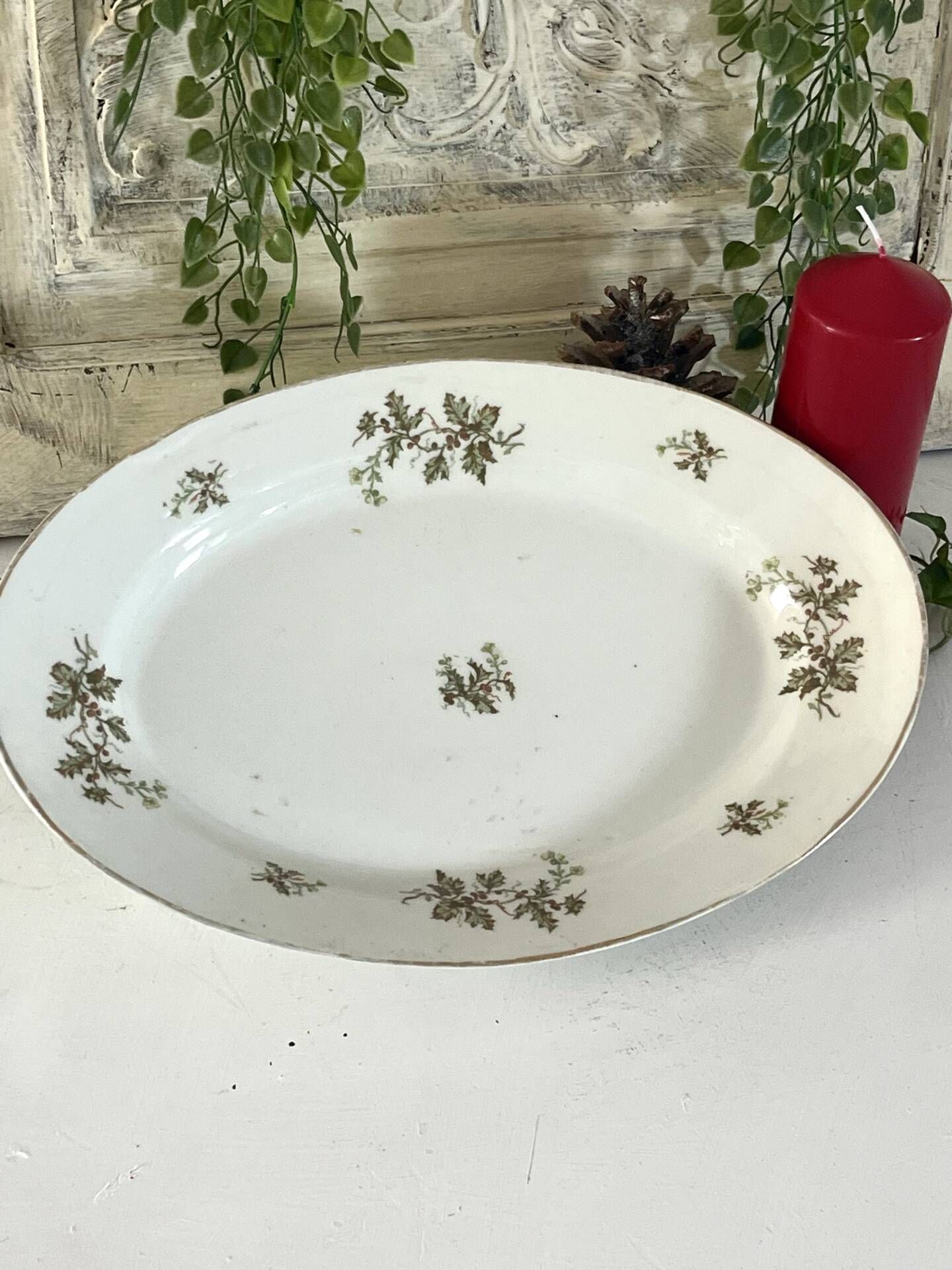 Vintage French Holly Deep Platter, Christmas Serving Dish, Large Oval