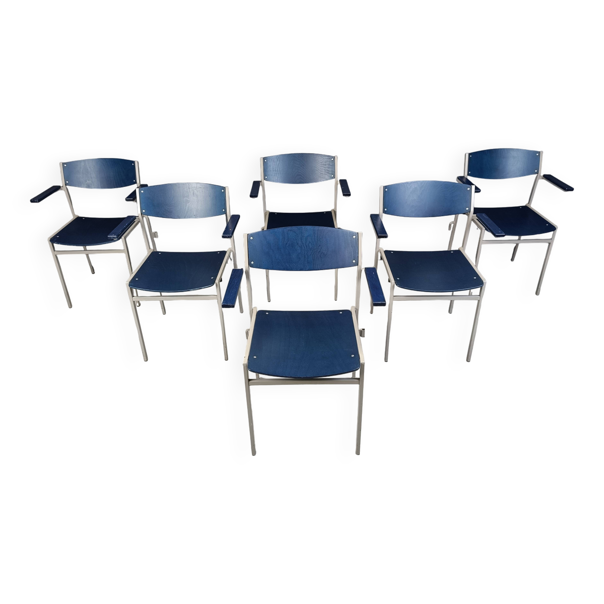 Minimalist Metal and Plywood Stackable Armchairs by Gijs Van Der Sluis, Set of 6