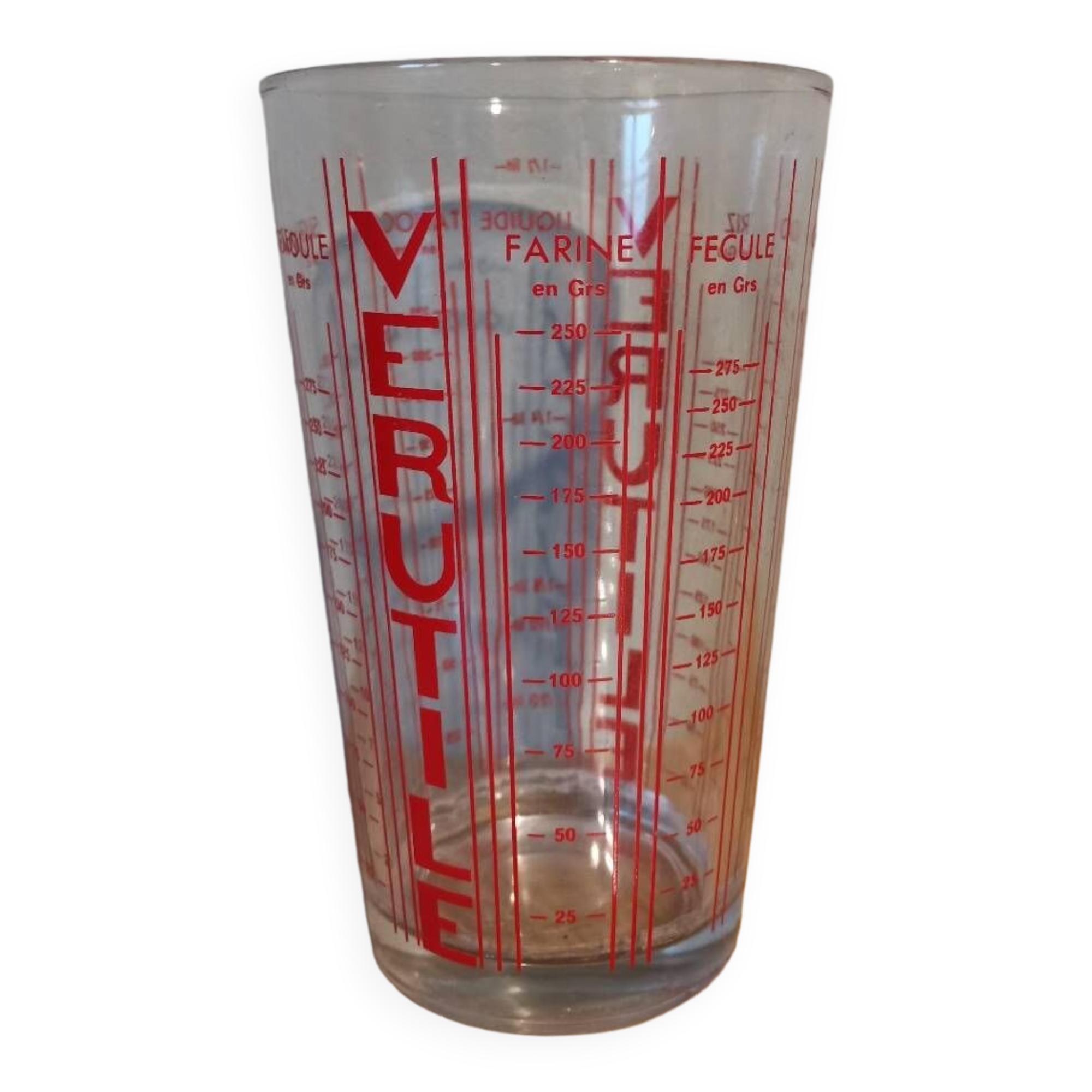 Verutile measuring cup vintage Reims France screen-printed glass