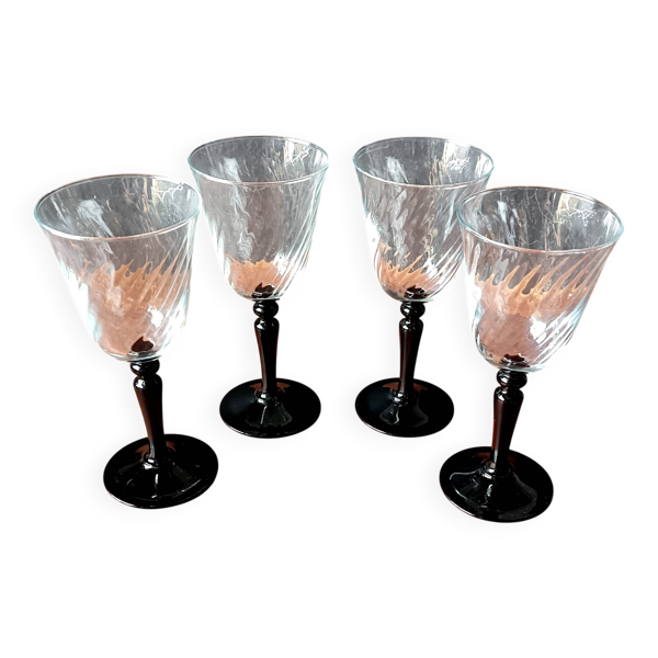 4 verres 22 cl sur Pied noir Onyx swirl Luminarc France, Vintage
