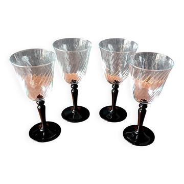 4 glasses 22 cl on black Onyx swirl stand Luminarc France, Vintage