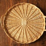 Round wicker tray with two vintage basketwork handles
