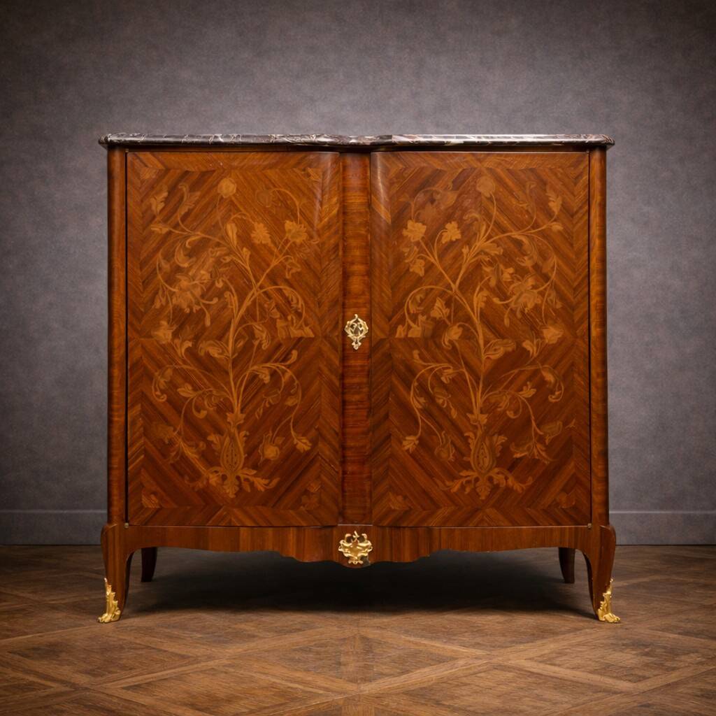 Wooden cabinet with doors, richly inlaid with floral patterns, Louis XV style.