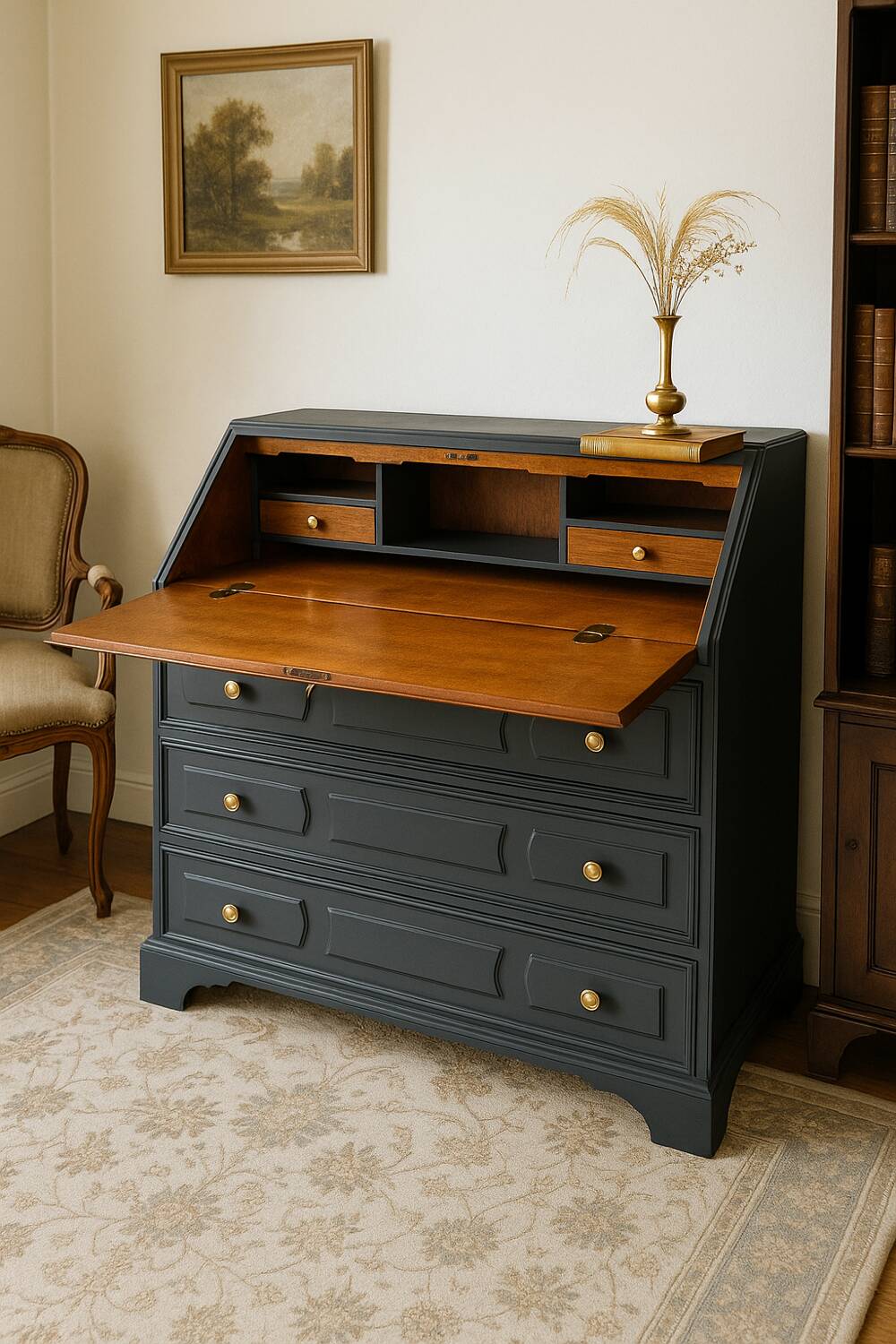 Wooden and black secretary desk