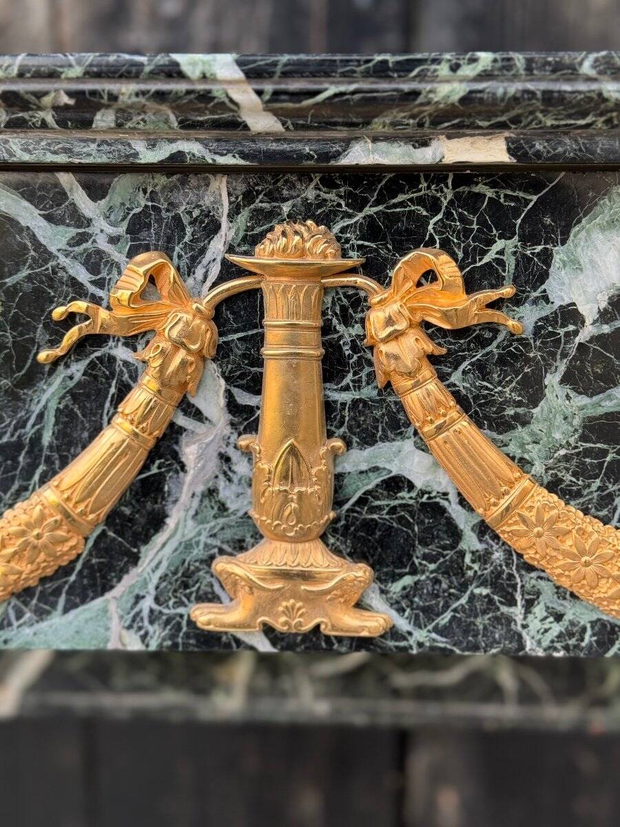 Empire style fireplace in antique green marble and gilded bronzes circa 1880