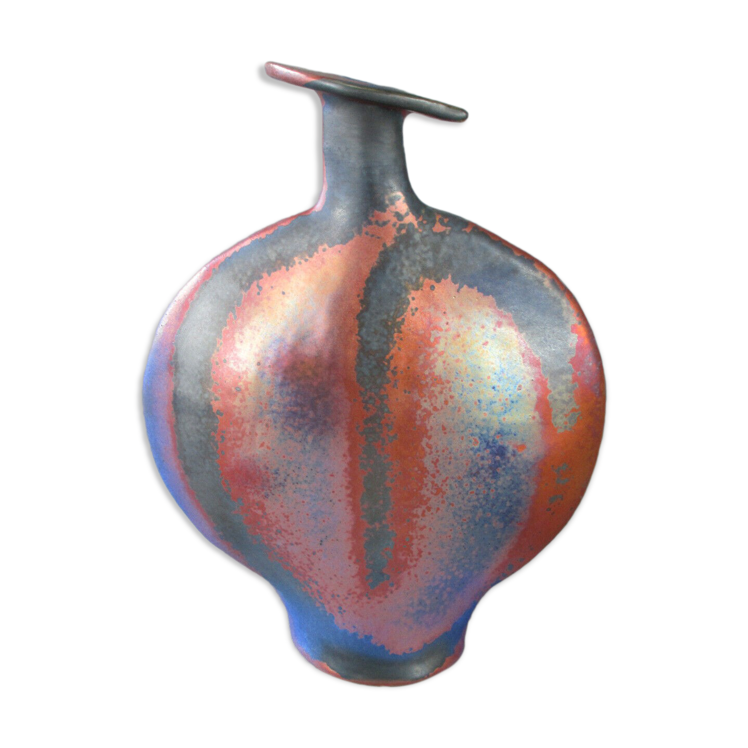 Lrge flat iridescent sandstone vase signed