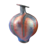 Lrge flat iridescent sandstone vase signed