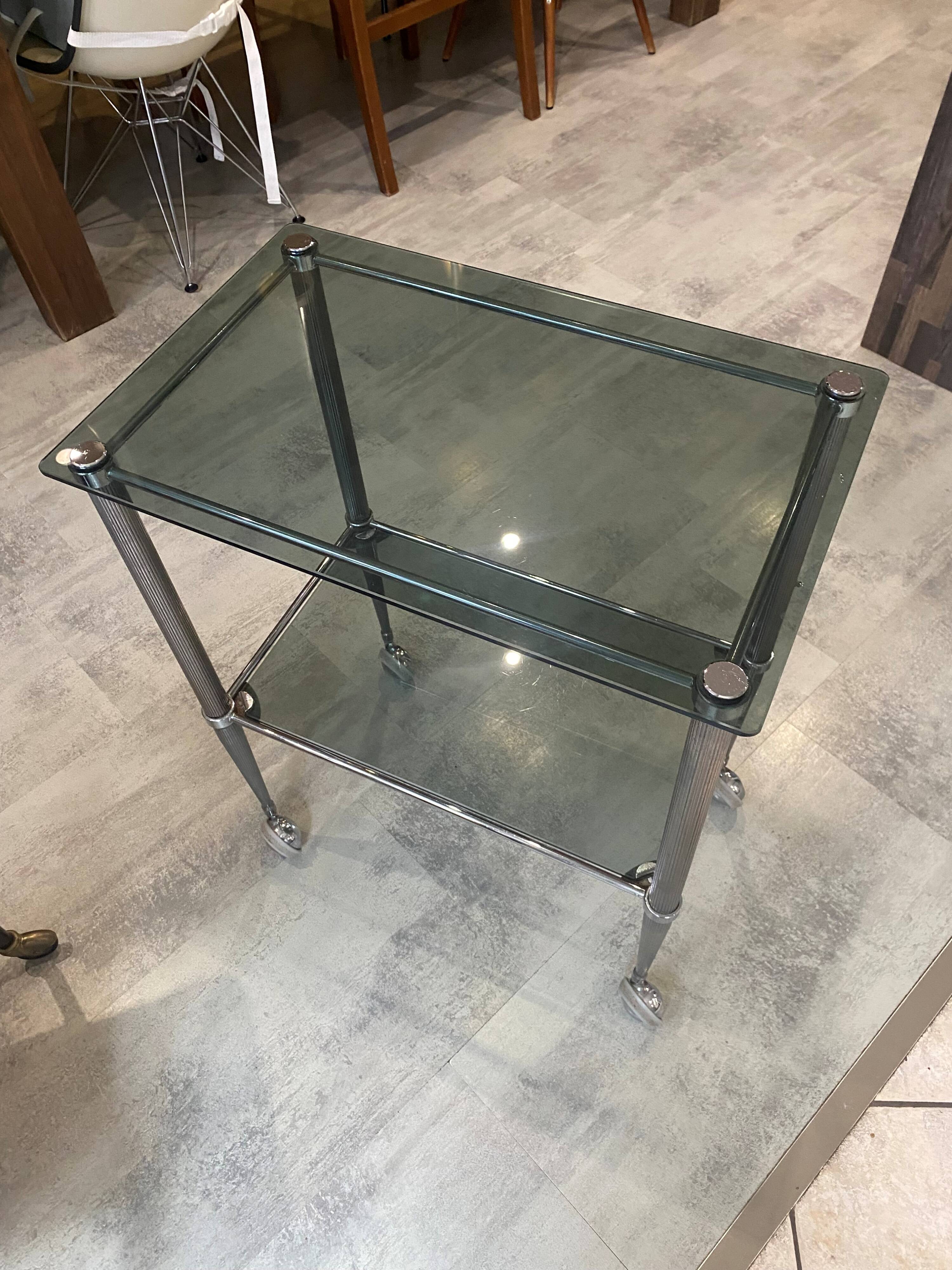 Vintage 1950s silver metal bar cart with wheels and two glass shelves