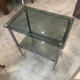 Vintage 1950s silver metal bar cart with wheels and two glass shelves