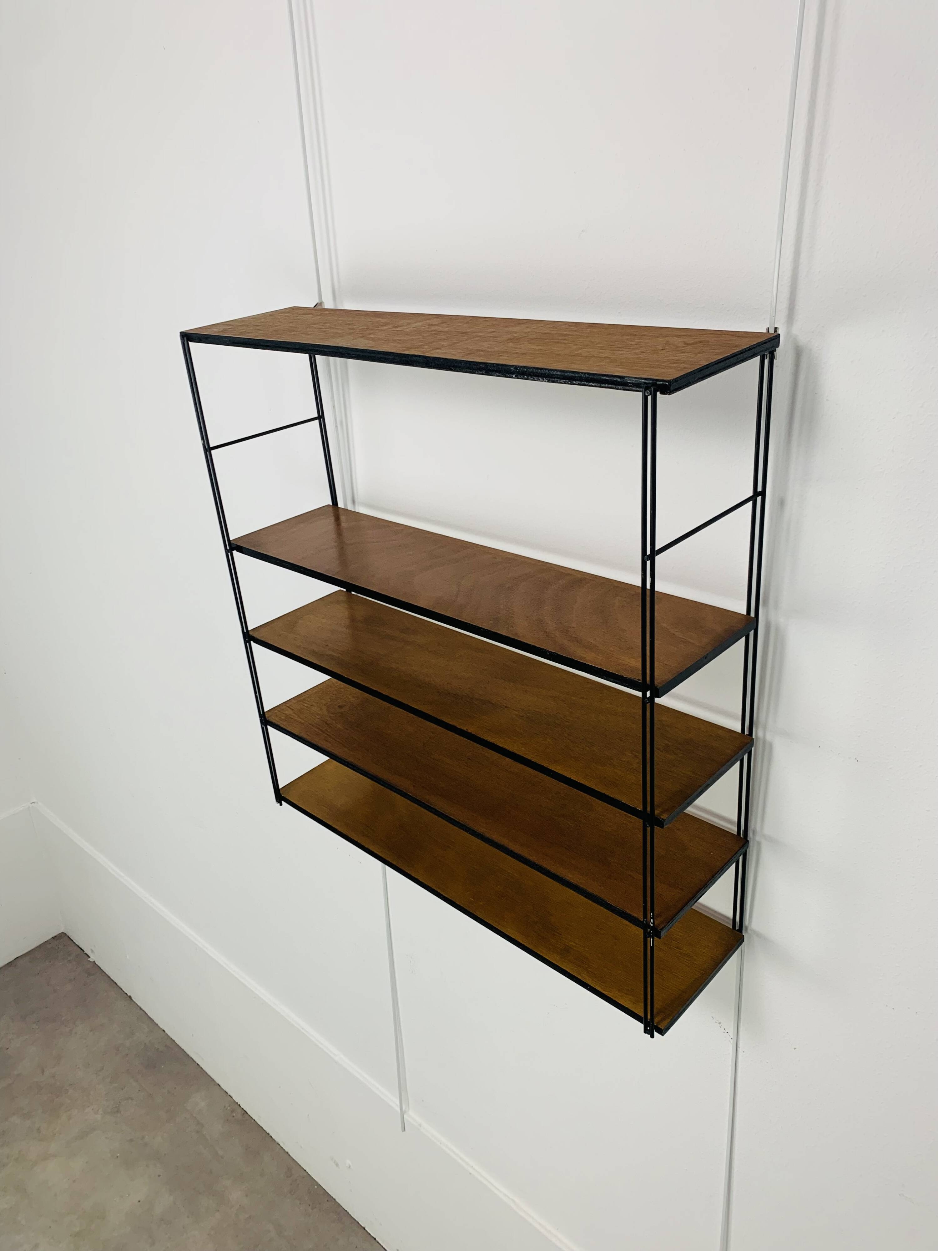 60s wall-mounted string shelf, wood and metal