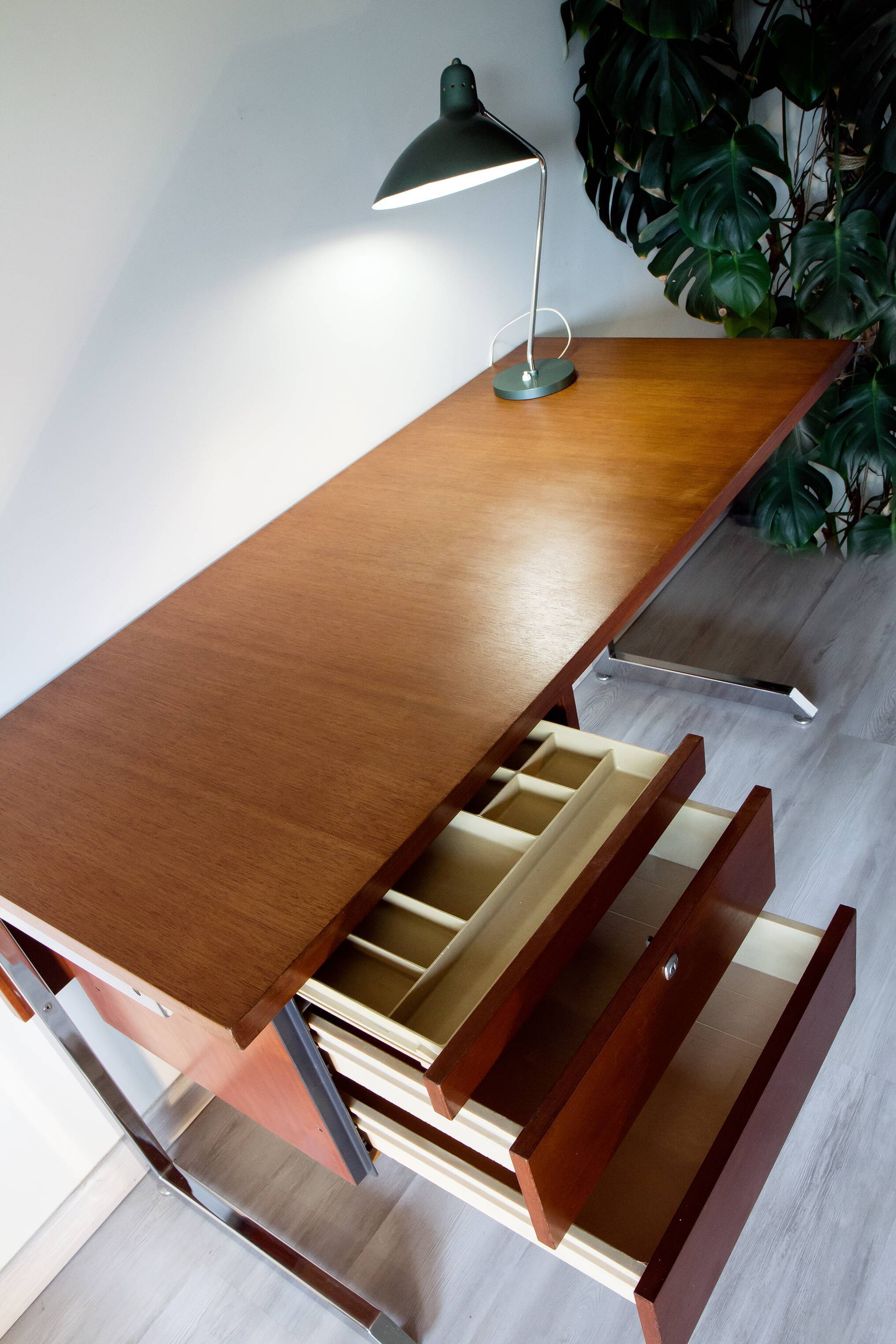 Ordo desk, teak, 1970, chrome cantilever footing