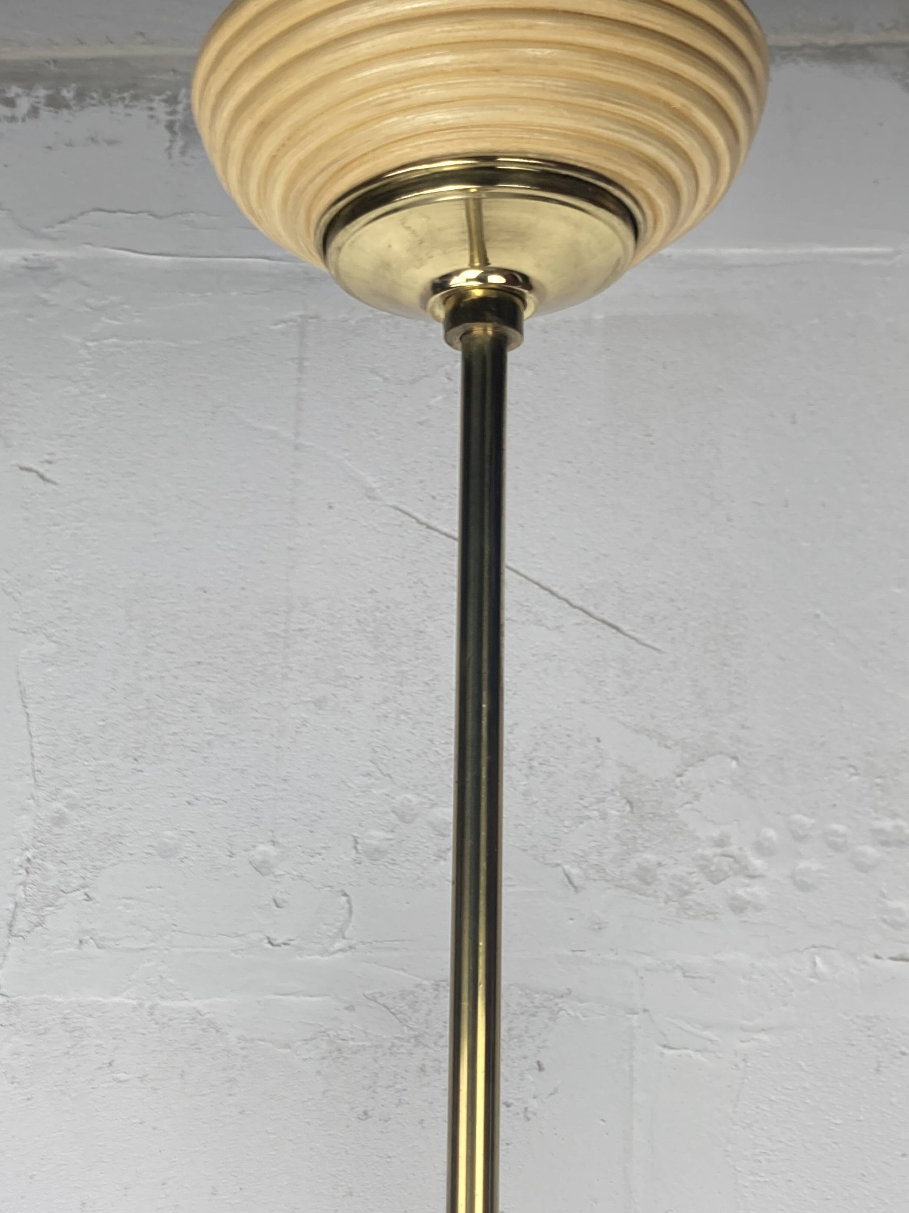 Telescopic brass and pencil reed rattan bamboo hanging pendant lamp, Italy 1970s