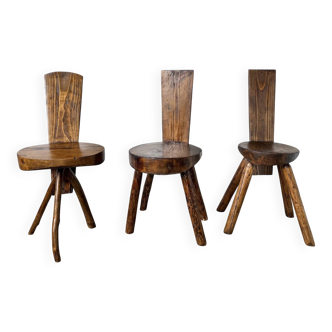Set of three alpine chairs in solid pine, France, 1950s.