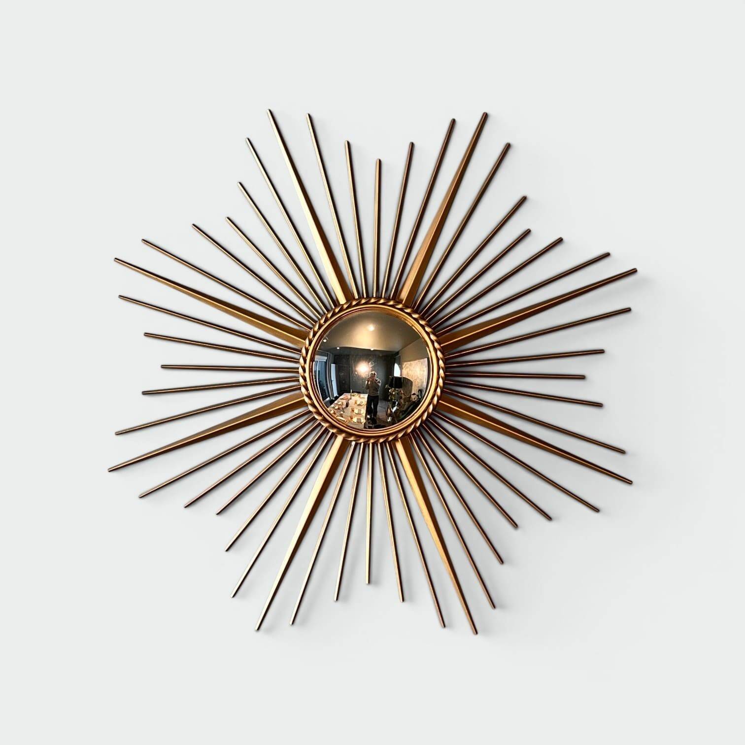 Golden Metal Sun Mirror with Convex Mirror by Chaty Vallauris. French Work