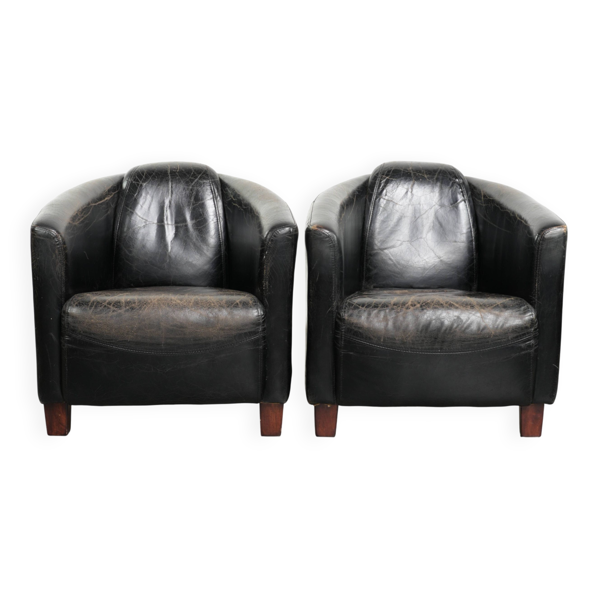 Set of two black vintage cowhide aviator design armchairs