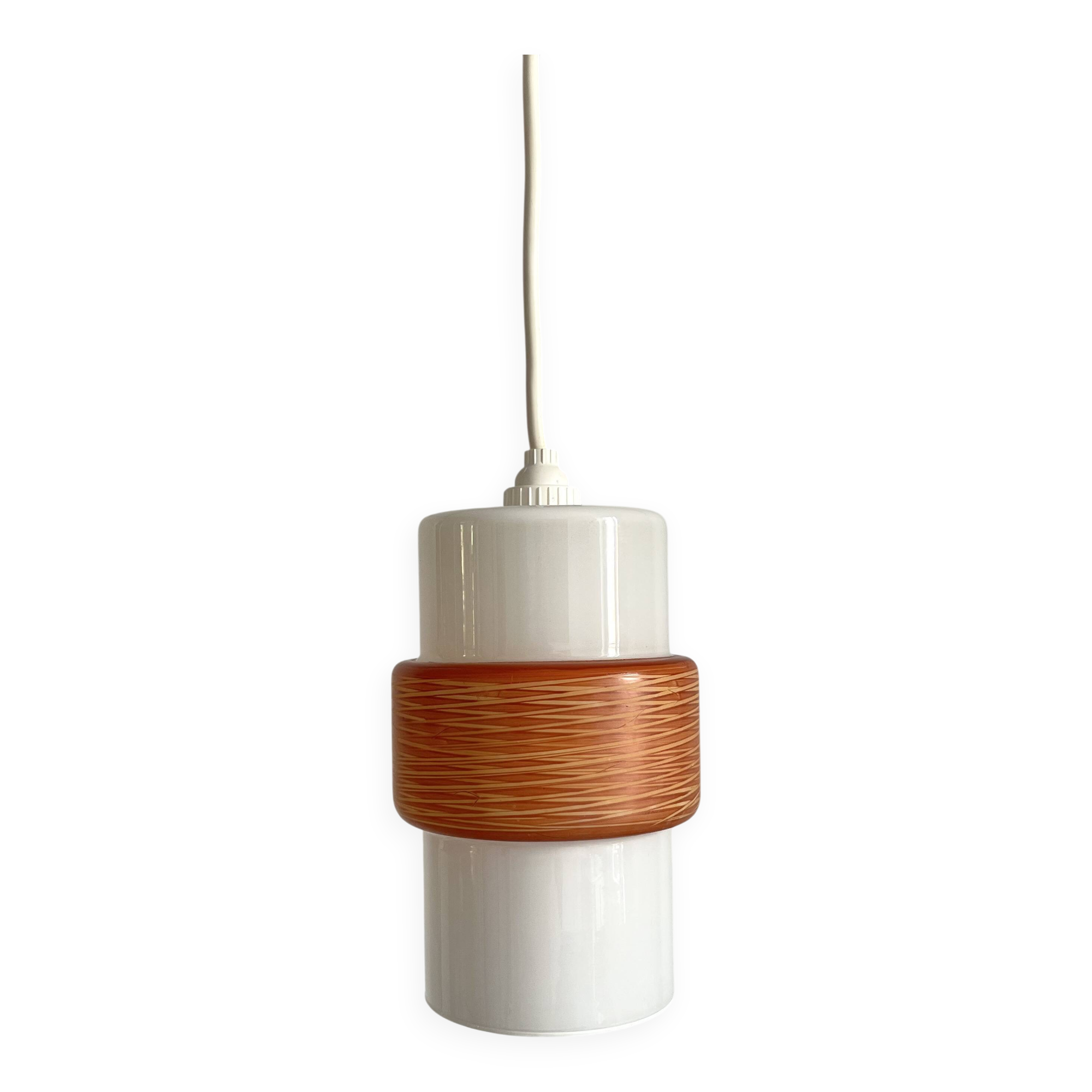 Sputnik pendant light, dark orange ring on white tube
