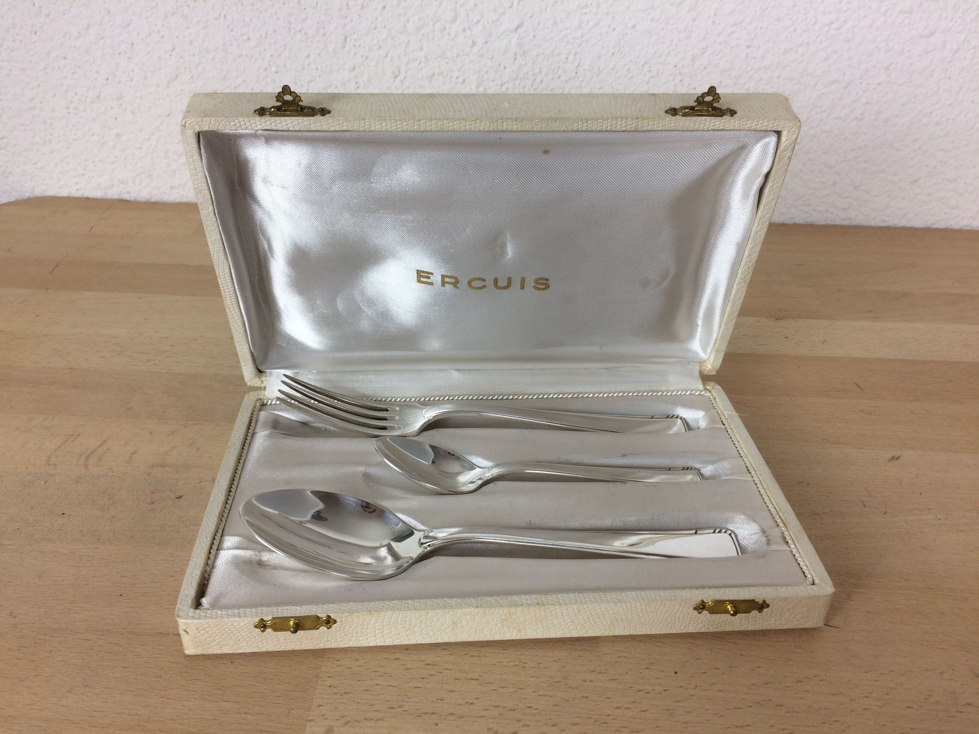 Ercuis silver metal, birth or baptism cutlery box