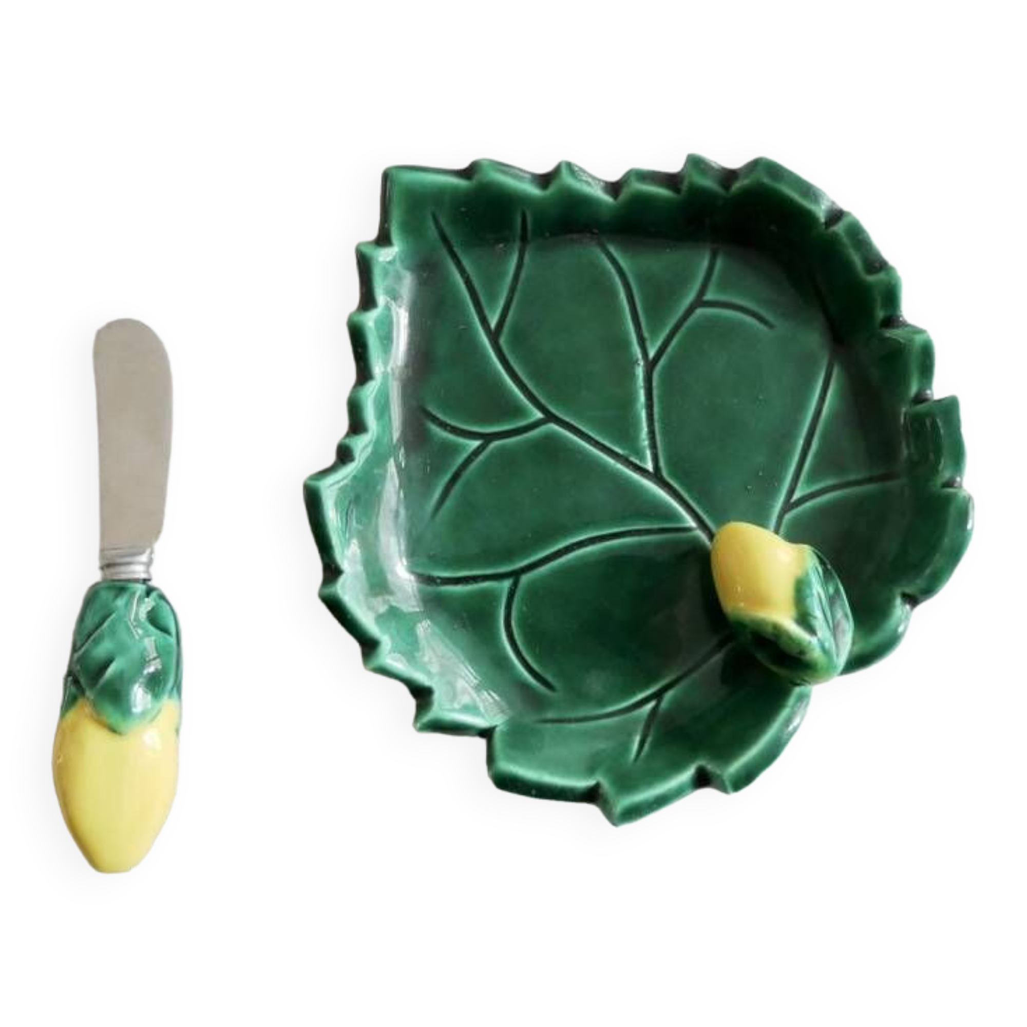 Beurrier avec couteau en barbotine Vallauris forme de feuille et citron