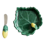 Butter dish with knife in Vallauris slip shape of leaf and lemon