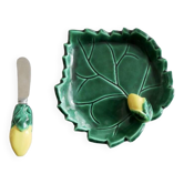 Butter dish with knife in Vallauris slip shape of leaf and lemon