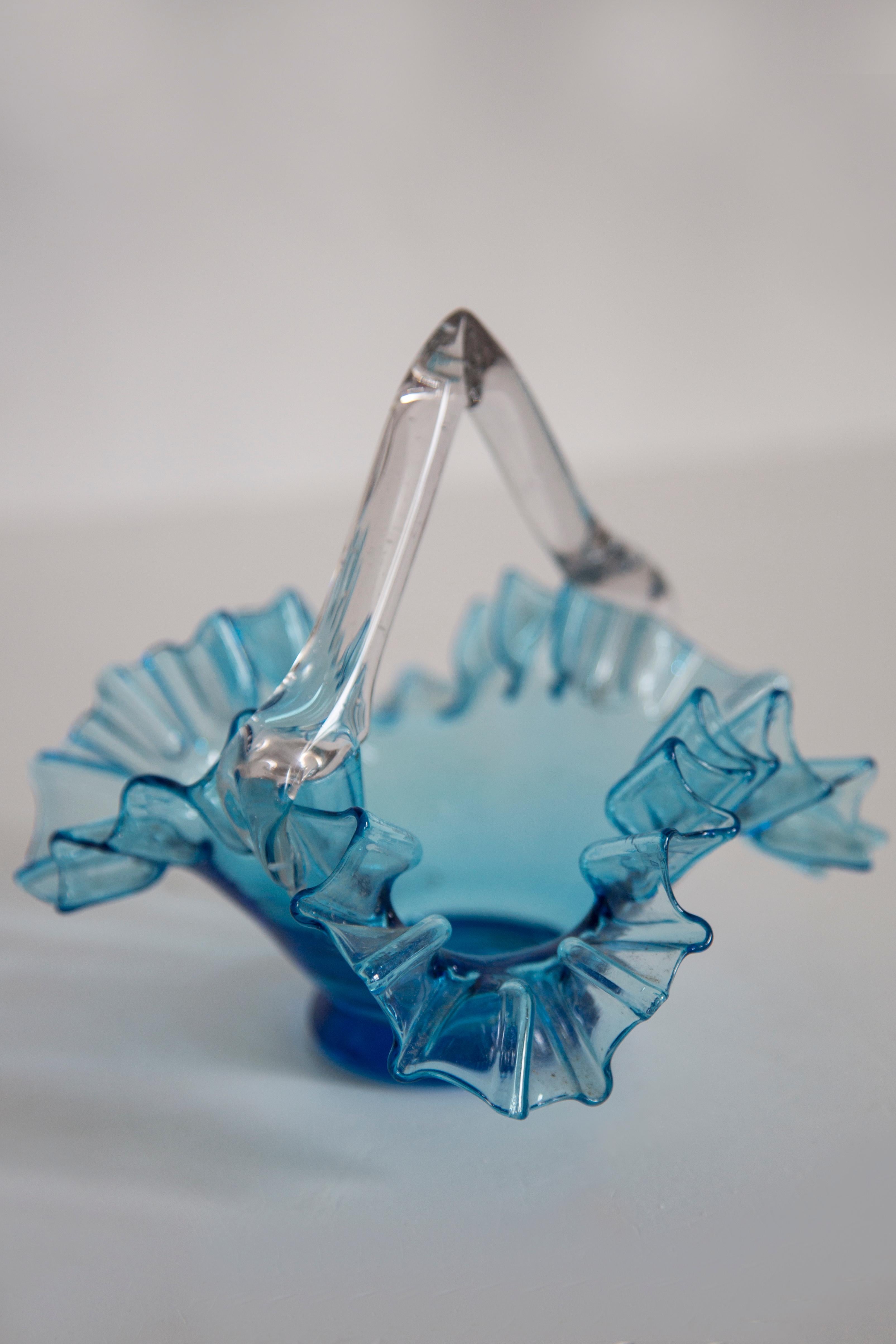 Vintage blue glass decorative basket with frills, Drost, Europe, 1960s