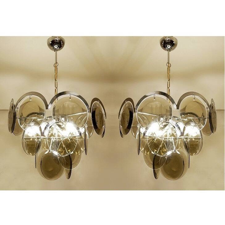 Pair of Vistosi Smoked Glass Disc Chrome Chandeliers, Italy, 1970s