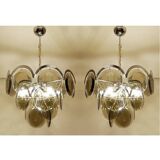 Paire de lustres chromés à disque en verre fumé Vistosi, Italie, années 1970