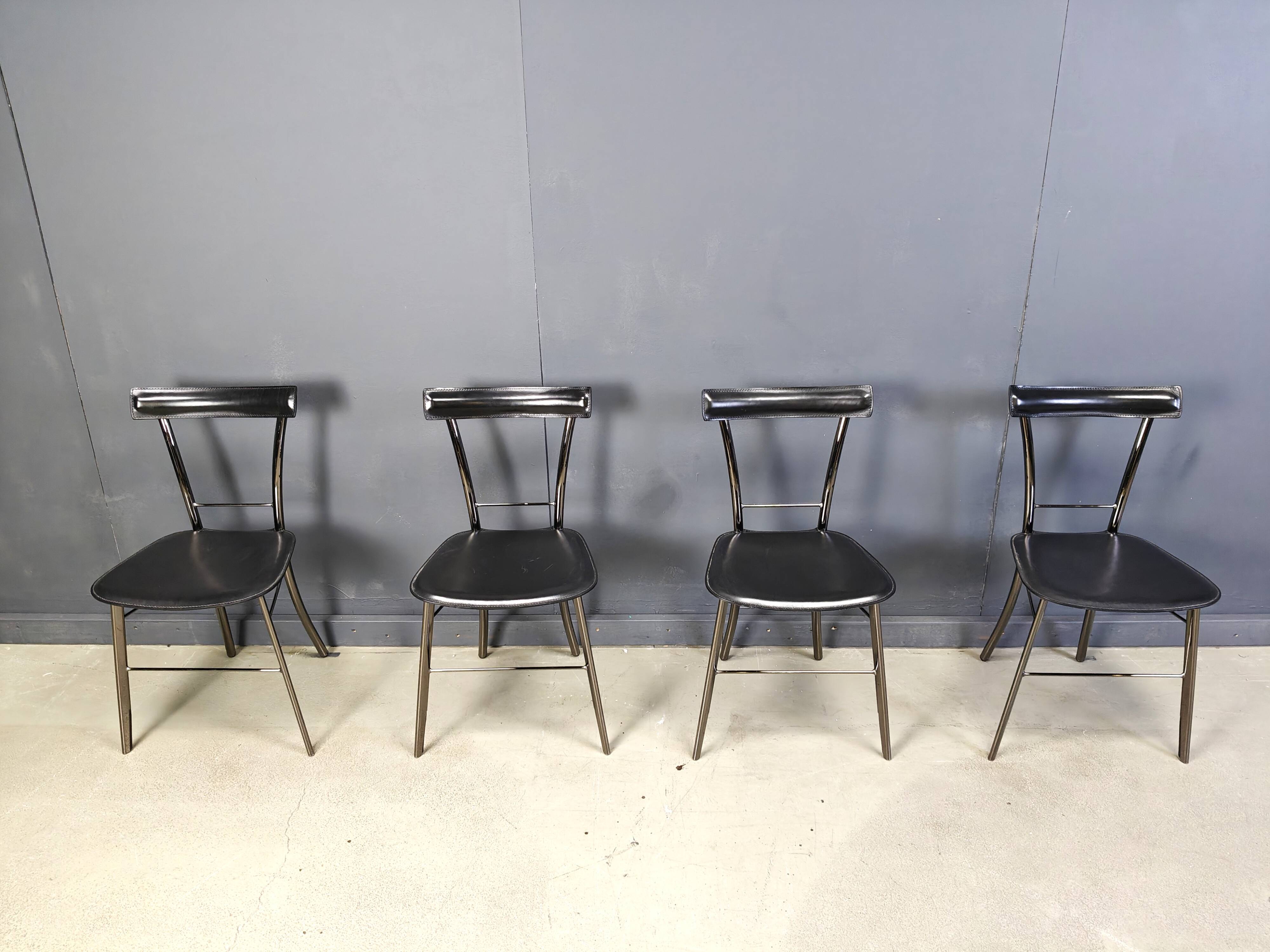 Vintage black leather dining chairs by Arrben Italy, 1980s - set of 4