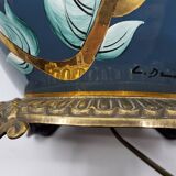 Lampe  Louis Drimmer en porcelaine bleue décorée à l'or fin de fleurs roses ,années 1970 Vintage