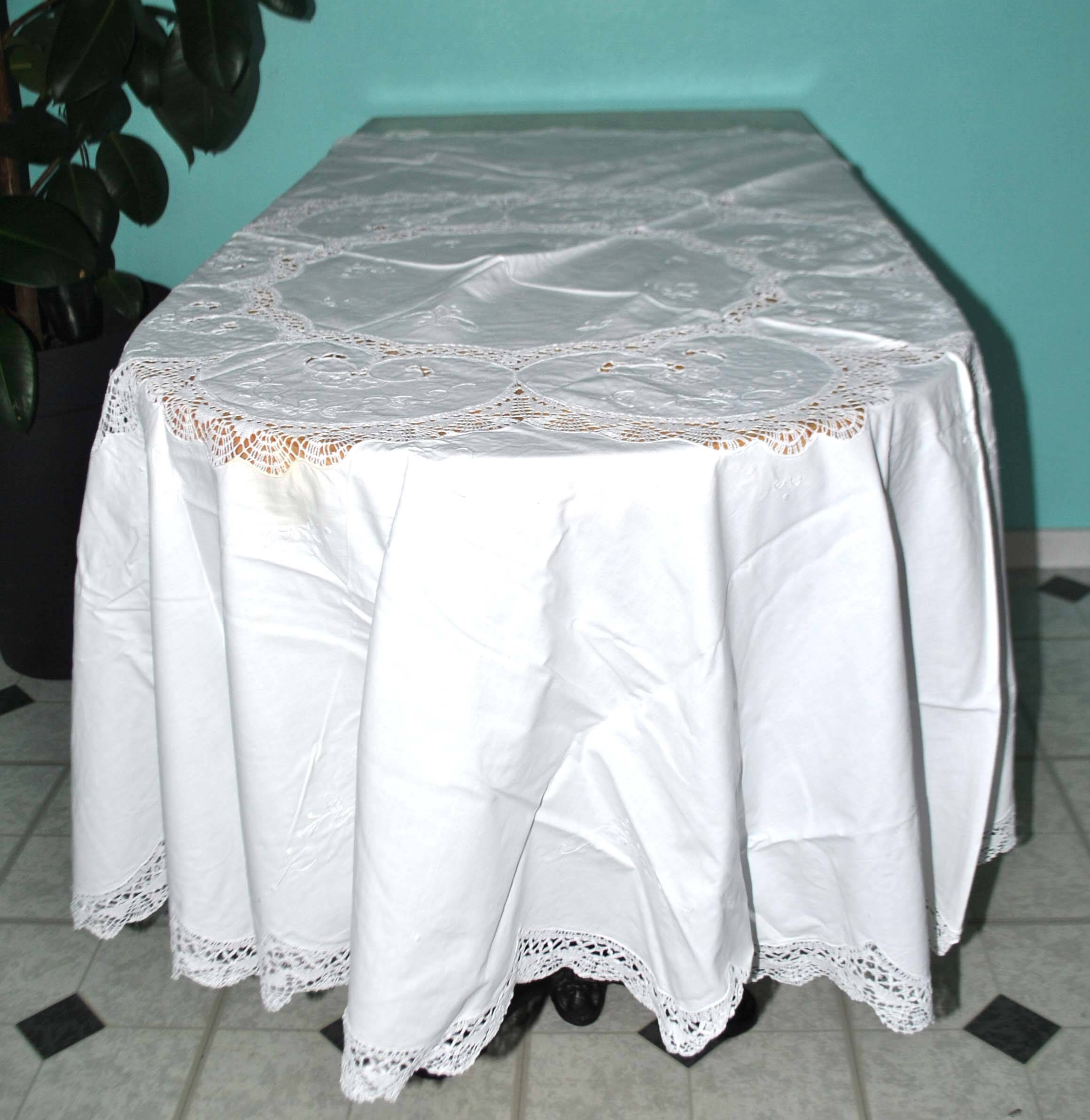 Nappe ronde vintage en coton brodé et ajouré 160x160cm *M3*