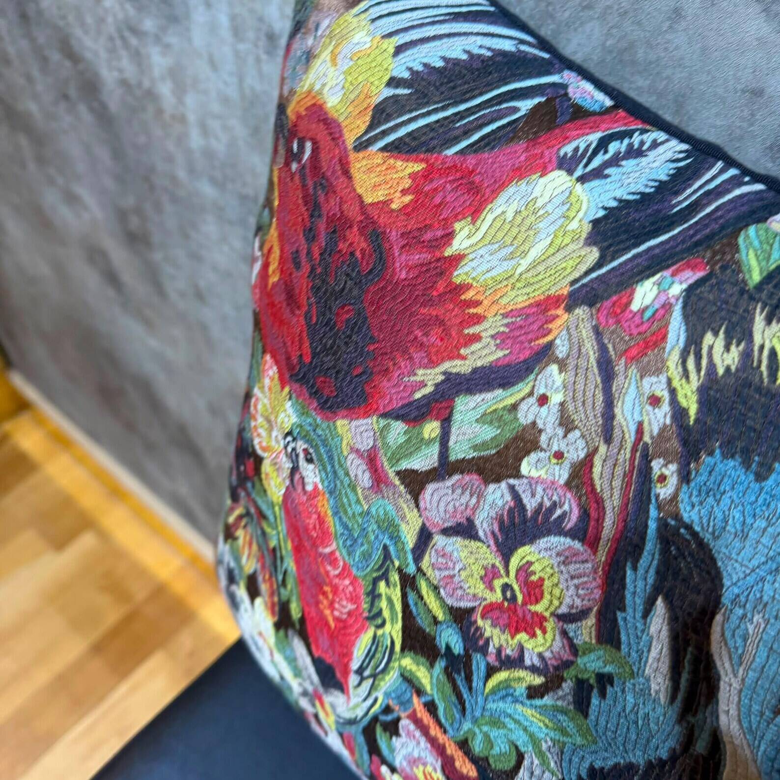 Woven Cushion, Crimson Macaw Parrot Jacquard, Dark Ground Pillow Cover
