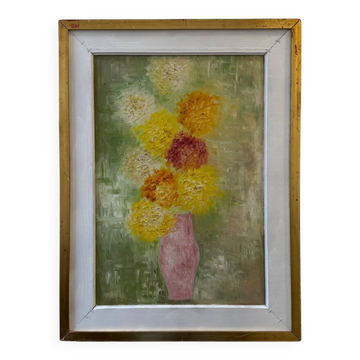 Tableau huile sur toile chrysanthèmes 1965