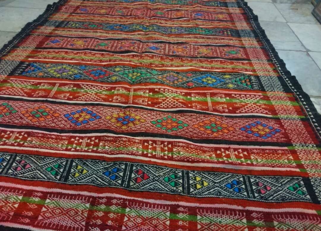 Carpet Berber kilim multicolor vintage Handmade wool 195x85cm