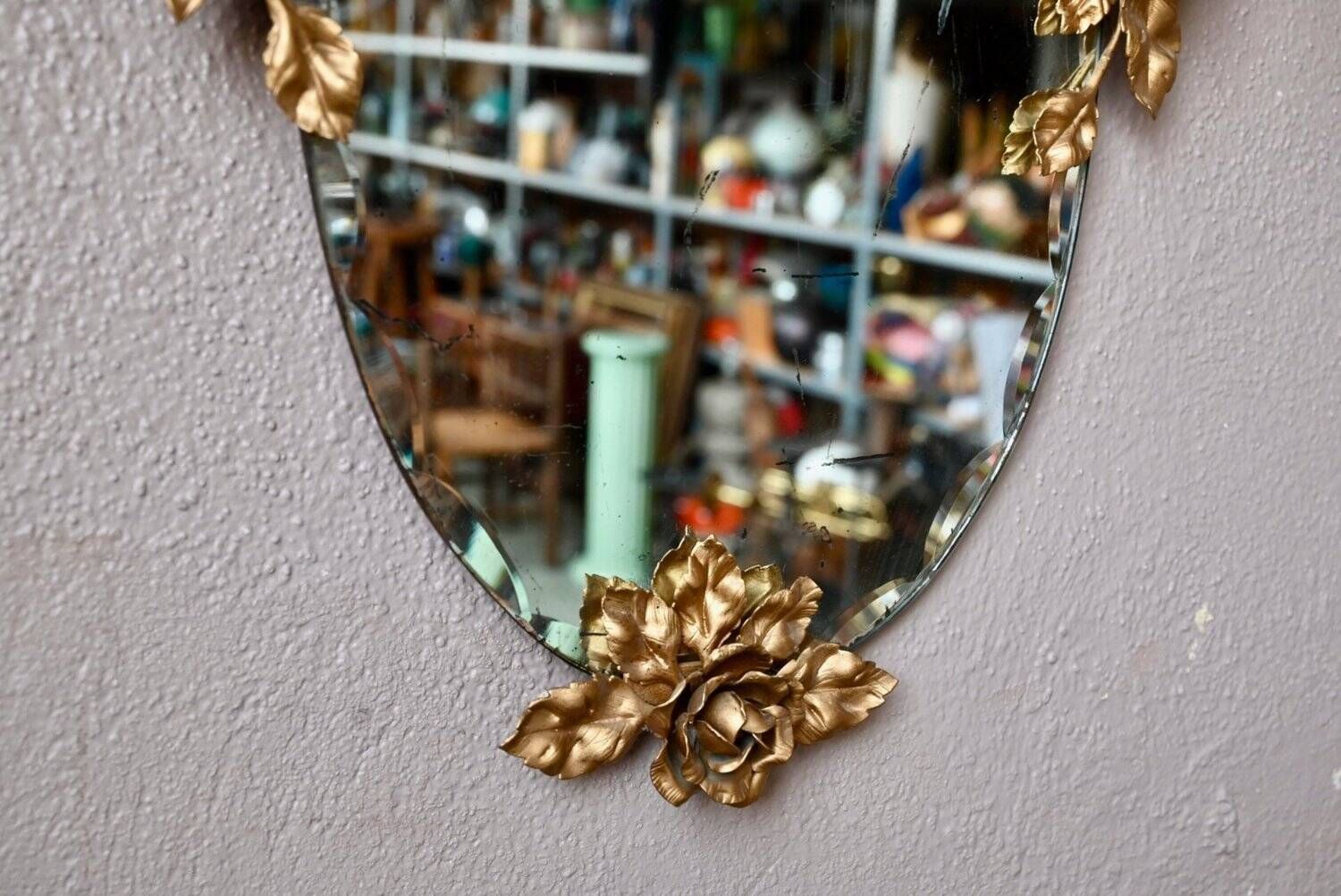 Louis XV Style Wall Mirror Golden Brass Vintage Flowers 1950s
