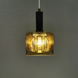 Older square hanging lamp with olive colored outer glass with inner shade of crystal glass