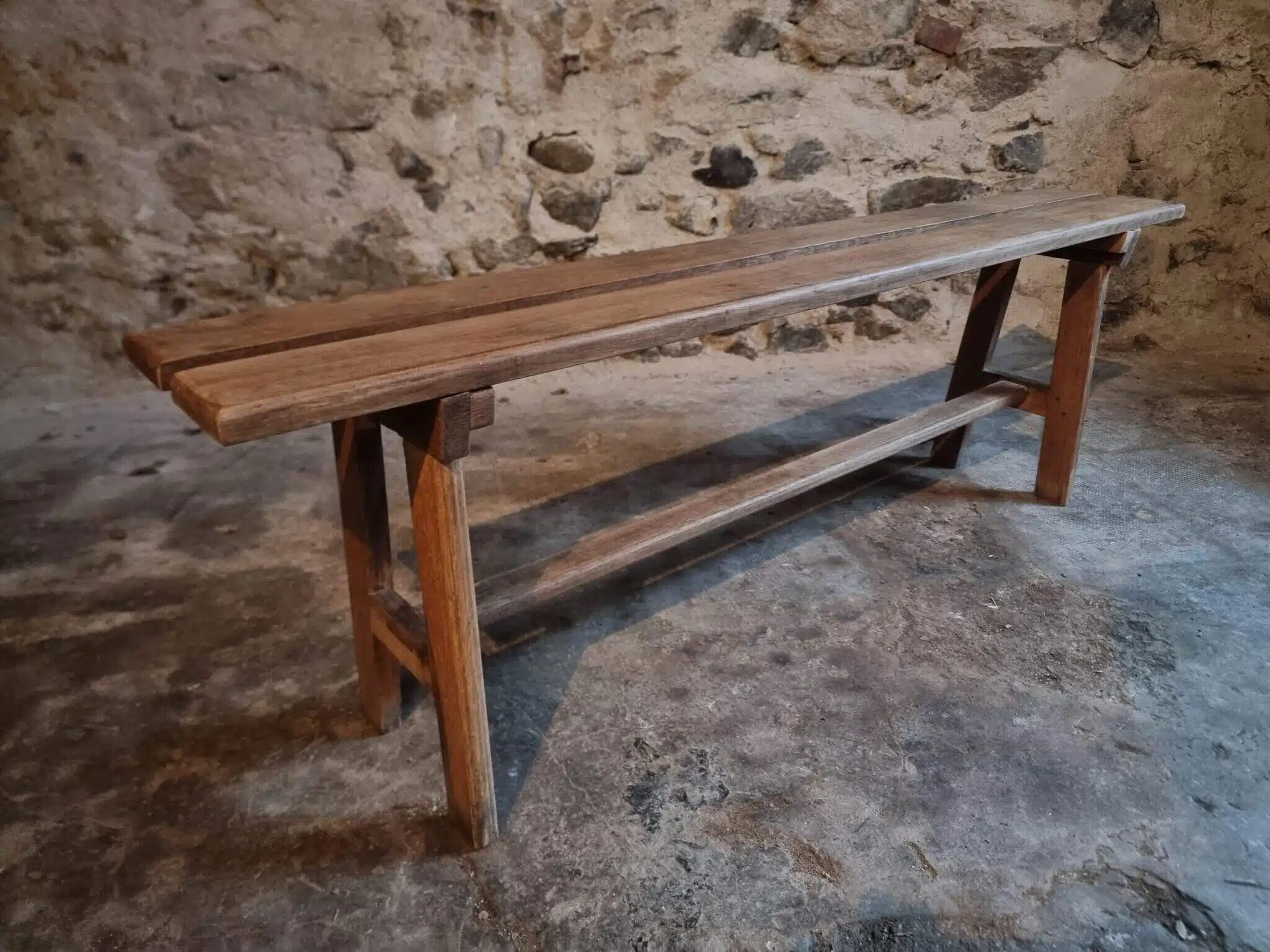 Vintage French oak bench, rustic wooden bench, France 1950s.